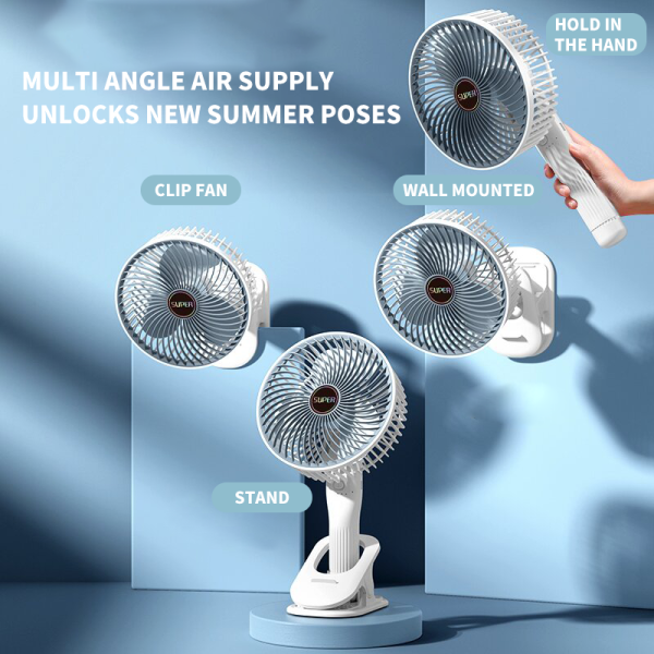 Clamp Type Multifunctional 4 in 1 Electric Fan with USB Type-C Recharging.