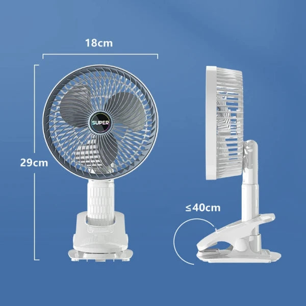 Clamp Type Multifunctional 4 in 1 Electric Fan with USB Type-C Recharging.