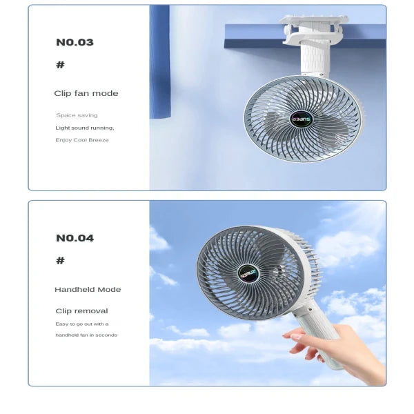 Clamp Type Multifunctional 4 in 1 Electric Fan with USB Type-C Recharging.