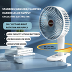 Clamp Type Multifunctional 4 in 1 Electric Fan with USB Type-C Recharging.