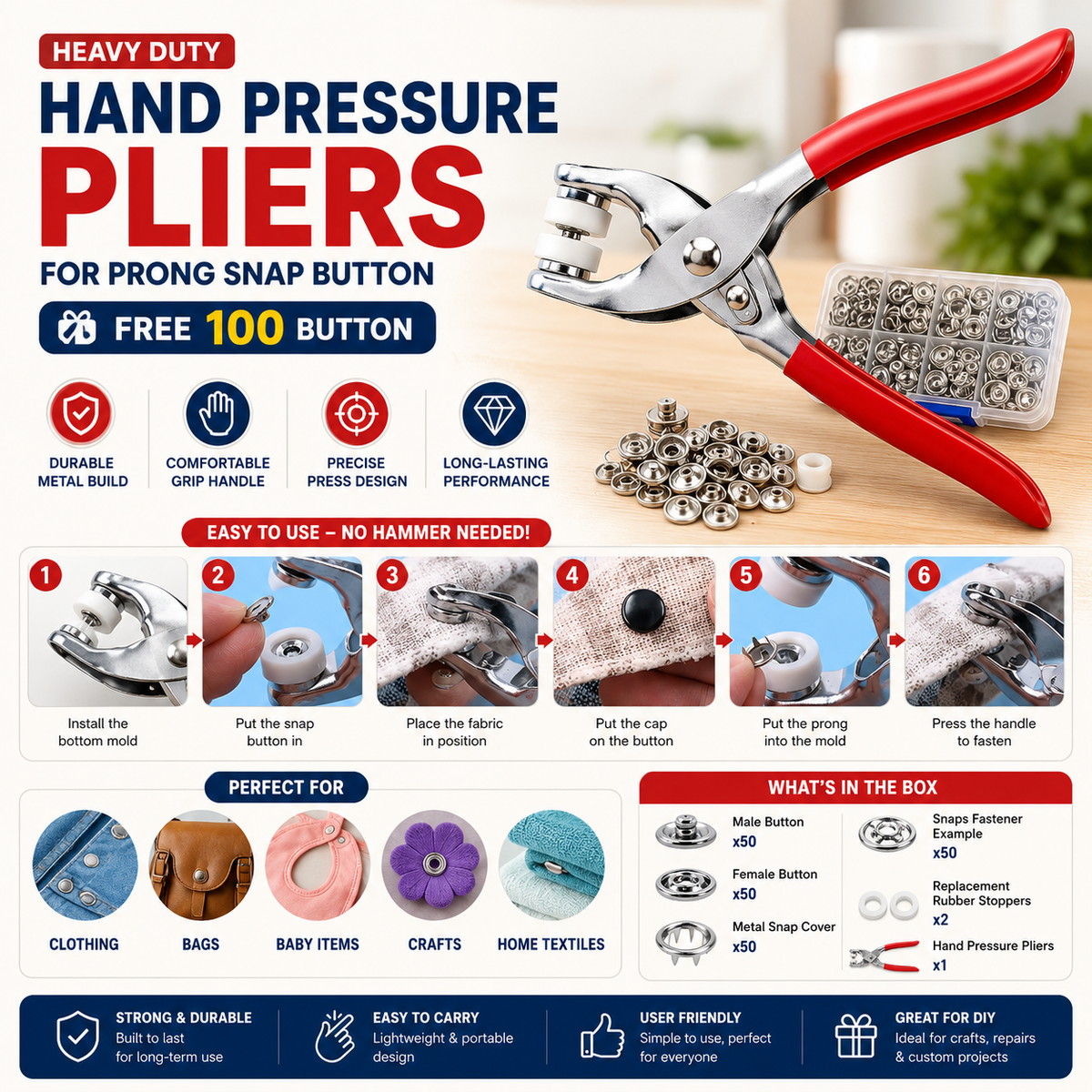 Hand Pressure Pliers For Prong Snap Button (FREE 100 BUTTON)